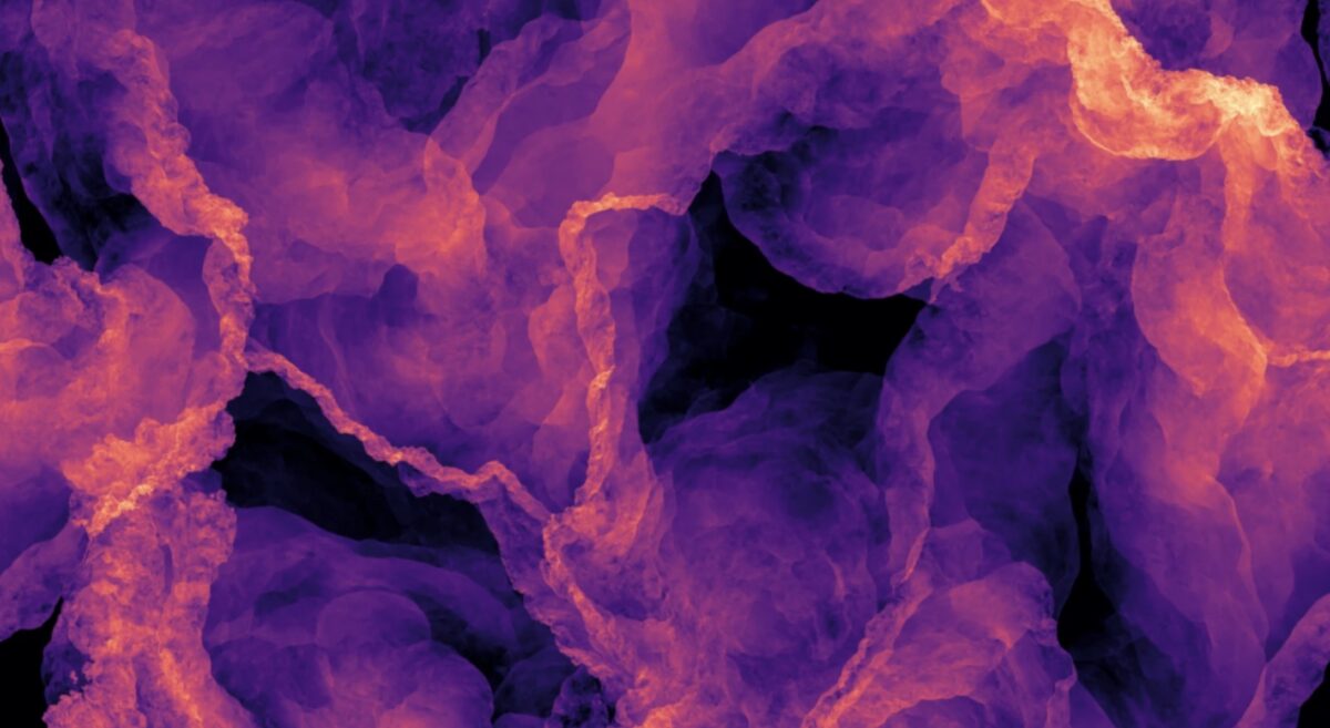 Graphic of a turbulent interstellar medium showing ribbons, knots and puffed up nebulosity in space.