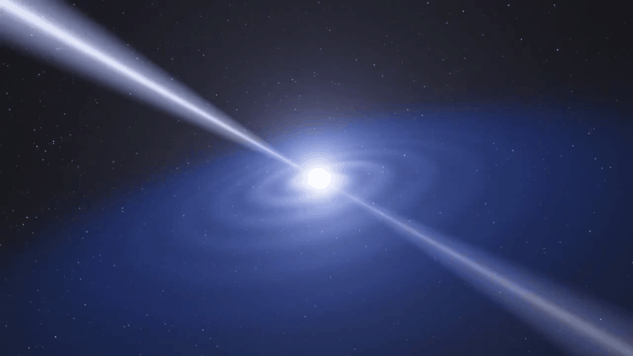 Animation of rotating pulsar with its beams swinging around in a large, cone path. At the centre is a bright, slightly moving spot where the pulsar is, and it is radiating waves out into the equatorial plane of its spin. 