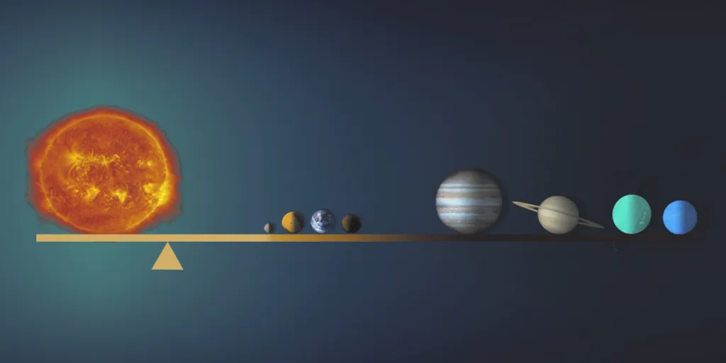 Artist illustration of a see-saw like structure, with the Sun on the left and all the planets on the right to balance it out.